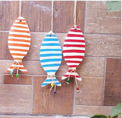 Bodrum Balık Dekoratif Duvar Süsü, Çizgili Balık, Turuncu, Mavi ve Kırmızı, 3'lü Set - Görsel 3