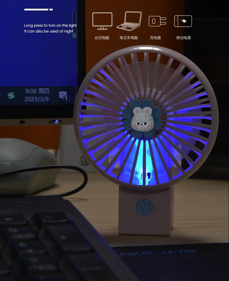 Taşınabilir Mini USB Fan Led Işıklı Masa Üstü 3 Kademeli Dahili Işık Şarj Edilebilir Mini Vantilatör Soğutucu Cep Boyu 11cm Mini Fan YS2269 - Mavi (YS2269 - Mavi)