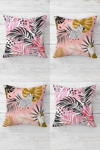 Alternative view of Zebra Ve Tropikal Yaprak Desenli Gizli Fermuarlı Kırlent Kılıfı Koltuk Yastık Kılıfı Takım(4adet), Pembe 45 x 45