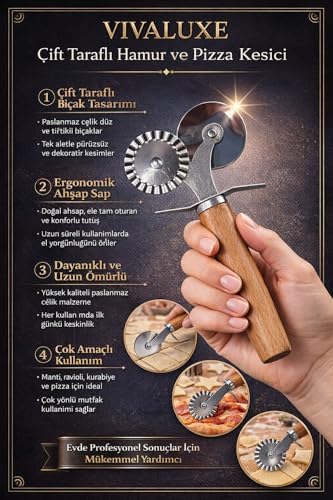 Çift Taraflı Paslanmaz Çelik Hamur ve Pizza Kesici, Tırtıklı ve Düz Bıçaklı, Ergonomik Ahşap Saplı, Ravioli, Mantı, Kurabiye ve Pizza Kesme Aleti - Görsel 3