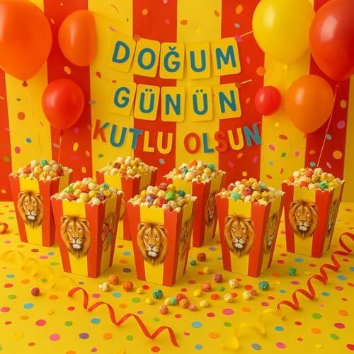 Alternative view of Sarı Kırmızı Aslan Temalı Popcorn Kutusu, 8'li Set, Doğum Günü Parti Malzemesi