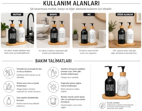 Alternative view of 2’li Hands & Dishes Siyah Beyaz Cam Sabunluk Seti – Modern Minimalist Tasarım, 500 ml Kapasiteli, Bambu Standlı Dekoratif Mutfak & Banyo Sıvı Sabunluk Dispenser Seti
