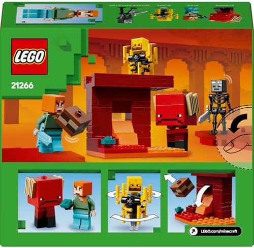 Nether Lav Savaşı 21266 – Çocuklar için Alex Figürü, Yaratıklar, Wither Skeleton, Kılıç ve Döndürülen Blaze İçeren Yapım Seti, 6 Yaş ve Üzeri Kız ve Erkekler için Doğum Günü Hediyesi
