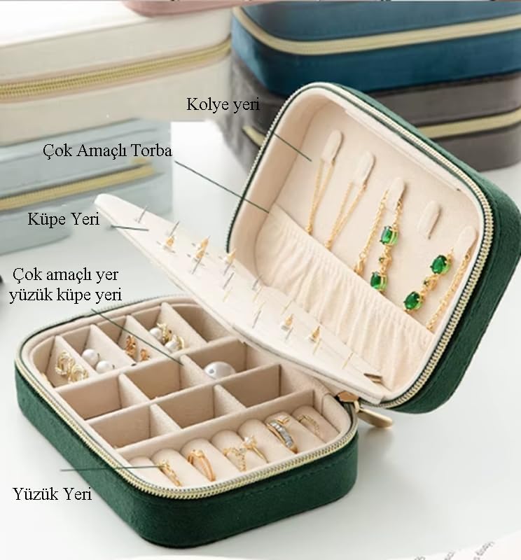 Alternative view of Premium Seri Lüks Takı Kutusu, Kadife Kaplama, Koyu Yeşil, Çok Bölmeli, Seyahat Tipi, Yüzük, Küpe ve Kolye Organizatör, Fermuarlı Taşınabilir Mücevher Çantası