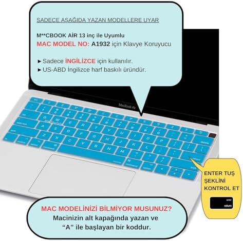 Silikon Klavye Koruyucu MacBook Air 13 Retina Uyumlu A1932 A2179 A2337 M1 | US Amerikan Enter ANSI | İngilizce Keyboard Cover Açık Mavi