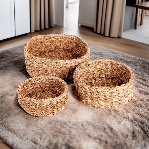 3'lü Rustik El Yapımı Doğal Yuvarlak Hasır Düzenleyici Seti | 3'lü Hasır Yuvarlak Organizer Seti – Dekoratif, Çok Amaçlı ve Dayanıklı Rattan Sepetler (30x30x12cm – 25x25x10cm – 20x20x8cm) - Görsel 3