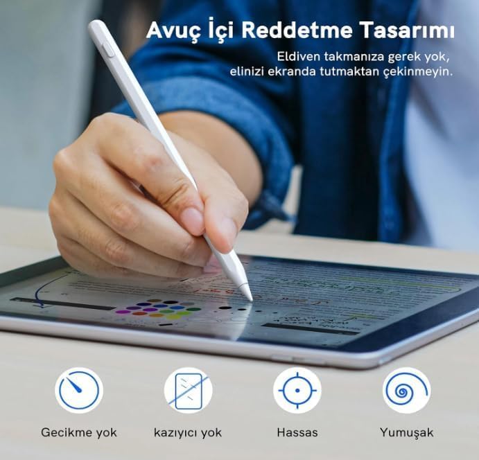 iPad Kalem – Apple Pencil Alternatifi iPad Pencil | USB-C Hızlı Şarj, Palm Rejection, 8 Saat Pil | iPad 6-10, Air, Pro, Mini Uyumlu, 2 Yedek Uç
