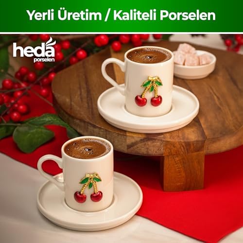 Alternative view of Heda Porselen Kiraz İşlemeli 4 Parça 2 Kişilik Porselen Kahve Fincan Takımı – Şık Desenli Türk Kahvesi Seti
