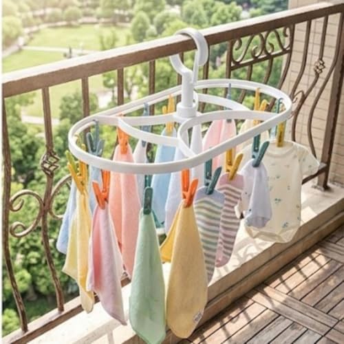 Alternative view of Plastik Çamaşır Askısı, Mandallı, Balkon için Çorap ve İç Çamaşırı Kurutma Rafı, Beyaz, Entegre Organizer