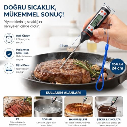 Dijital Mutfak Termometresi Paslanmaz Çelik Prob, Hızlı Ölçüm, LCD Ekranlı Gıda Termometresi, Et Sıvı Hamur Şeker Ölçümü, 24 cm Uzunluk - Görsel 3