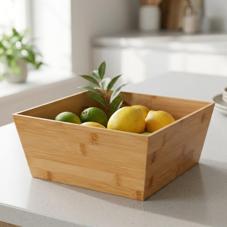 Doğal Bambu Çok Amaçlı Saklama Kutusu - 28x28x12 cm Banyo, Mutfak ve Dolap İçi Organizer Düzenleyici Kare Kutu - Görsel 3