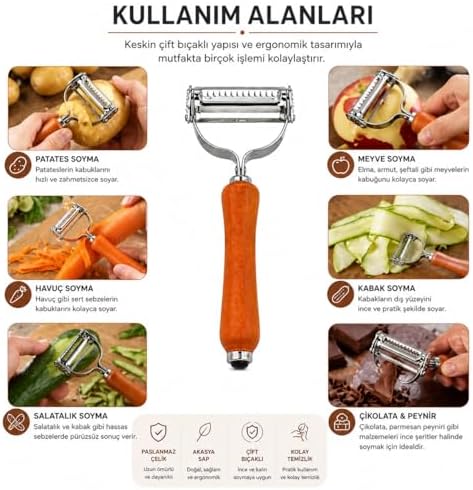 Alternative view of Çift Bıçaklı Ahşap Saplı Soyacak - Çift Bıçaklı Ahşap Saplı Sebze ve Meyve Soyacak – Paslanmaz Çelik Ultra Keskin Tırtıklı & Düz Bıçaklı, Ergonomik Kaymaz Sap, Patates Havuç Kabak Elma