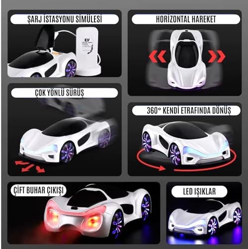 /Oyuncak 2.4 GhZ Uzaktan Kumandalı Şarjlı Elektrikli Araba 4X4 Şarj İstasyonlu Buharlı Led Işıklı Sesli Müzikli Full Fonksiyon 4 Çeker Drift Atabilen 1200 MaH Şarjlı Pilli (PREMİUM BEYAZ)
