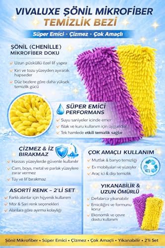 Alternative view of 40 cm Mikrofiber Makarna Mop Başlığı 2’li Set, Yüksek Emici Chenille Mop Ucu, İz ve Tüy Bırakmaz, Parke, Seramik, Laminat ve Mermer İçin Uygun Temizlik Bezi (Turuncu, Yeşil, Mavi)