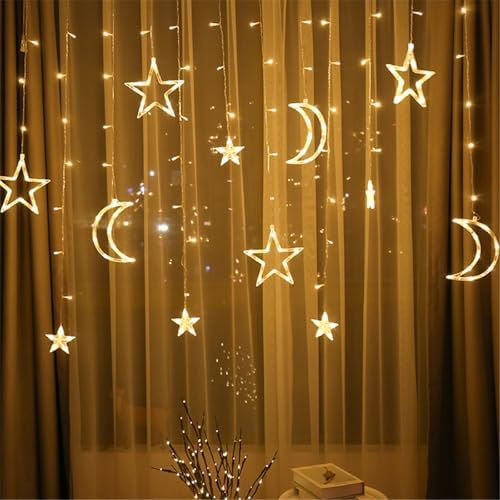 Ay Yıldız Figürlü Perde Led Işık, 3.5 Metre 12 Sarkıtlı Dekoratif Aydınlatma, 8 Fonksiyonlu ve Eklenebilir Fişli, 3200K Günışığı (Sarı) Ramazan ve Ev Dekoru