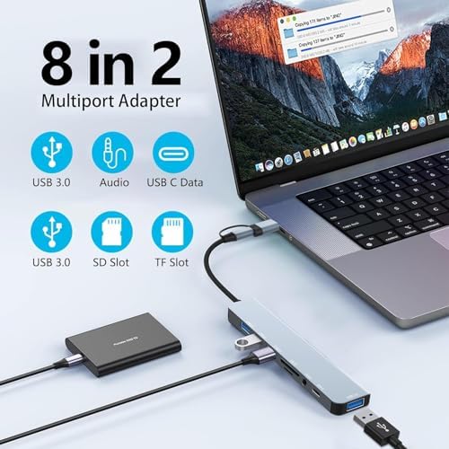 Çoklayıcı Adaptör 8 in 2 USB Type-C to USB A, USB C, SD/TF Kart Okuyucu – MacBook ve Laptop Uyumlu Çok Portlu USB HUB Çoğaltıcı