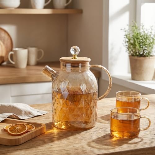 Lusterli Borosilikat Cam Sürahi - Isıya ve Ateşe Dayanıklı, Bambu Kapaklı ve Kulplu Şık Sürahi (1.6 Litre) - Görsel 3