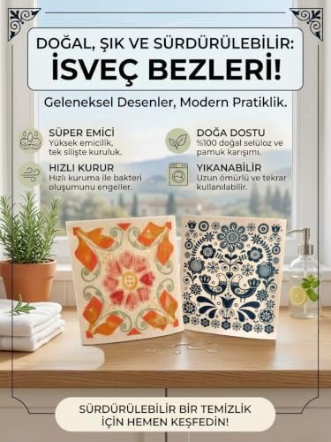 İsveç Bezi, Renkli Desenli, Sürdürülebilir, Tekrar Kullanılabilir, Makinede Yıkanabilir, 2'li Paket - Görsel 3