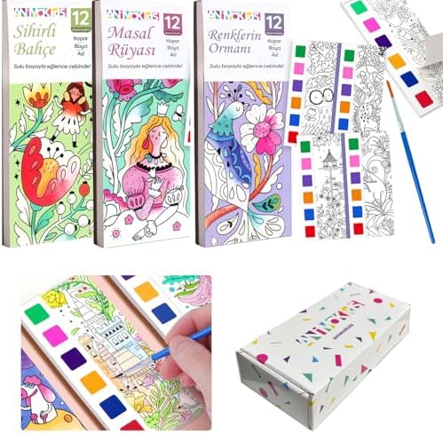 Renk Paletli Sulu Boya Etkinlik Seti, Kendin Yap (DIY) Kitap Ayracı, Çocuklar ve Yetişkinler için 3 Adet Yeni Nesil Sulu Boya Defteri ve 3 Adet Sulu Boya Fırçası Dahil(Sihirli Bahçe-Masal-Renk Ormanı) - Görsel 3