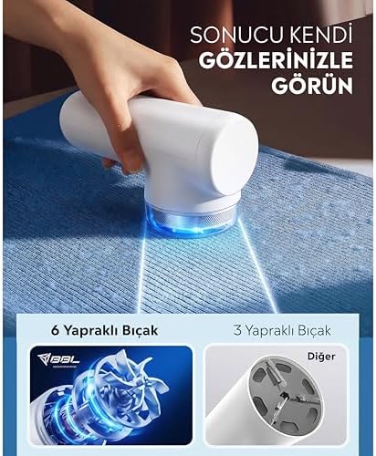 M118 Dijital Göstergeli Şarjlı Tüy Toplayıcı & Kumaş Tüy Alma Makinesi – 6 Başlıklı Bıçak + 1 Yedek Bıçak, Type-C Şarjlı, 3 Kademeli Güç, Kazak, Koltuk ve Yatak İçin
