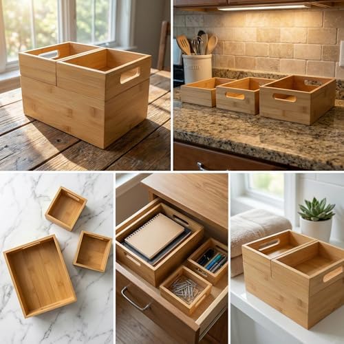 3'lü Modüler Bambu Organizer Set - Üst Üste Geçebilen Çok Amaçlı Çekmece İçi ve Masaüstü Düzenleyici Kutu - Banyo, Mutfak ve Ofis İçin Ahşap Saklama Seti