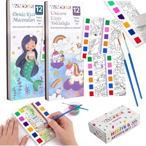 Animokids Sulu Boya Defteri Seti (2 Kitap + 2 Fırça) - Kendin Yap Kitap Ayracı, Her Sayfada Entegre Boya Paleti - Çocuklar ve Yetişkinler İçin Hediye Aktivite Seti (Deniz Kızı-Unicorn)
