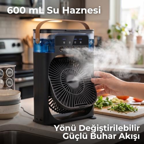 Concord Air Cooler Fan - Sulu Taşınabilir Mini Klima ve Hava Soğutucu, 3 Kademeli Türbin Vantilatör, 7 Renkli LED Işıklı ve Zamanlayıcılı Nemlendirici Masa Fanı (Siyah)
