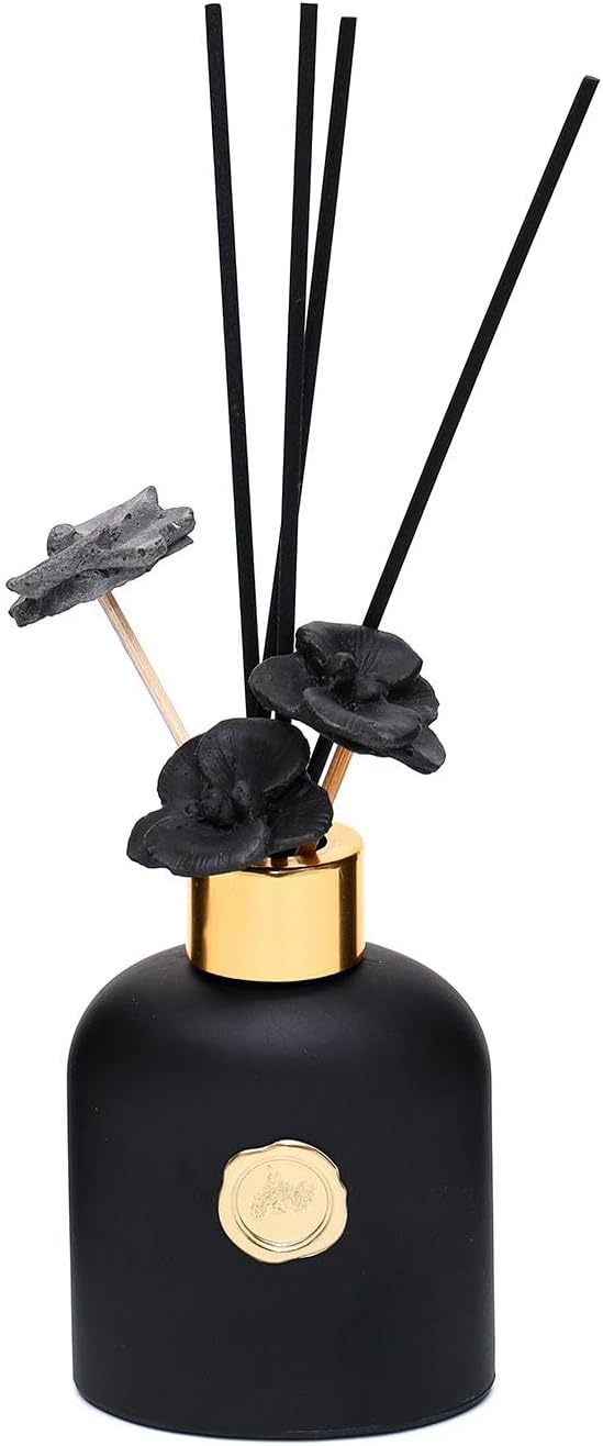 130 ml Siyah Cam Şişe Seramik Çiçek Taş Bambu Çubuklu Black Vanilya Oda Kokusu