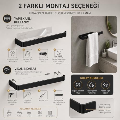 Lamalı Siyah Yapışkanlı Lüks Tasarım Solo Peçetelik, Metal Havluluk, Hem Yapışkanlı Hem Vidalı Montajlı, Banyo ve Mutfak İçin Modern Duvar Havlu Askısı