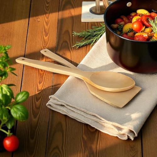 Doğal Akçaağaç Ahşap Kaşık ve Spatula Seti - 2 Parça Ahşap Mutfak Gereçleri | 12,6 inç | Pürüzsüz Yüzey | Tencere Nazik - Görsel 3