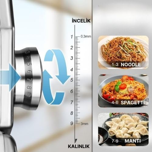Erişte Kesme,Makarna Yapma Makinesi, 180 Silindirli Farklı Kalınlık Seviyesi, Silindir ve Kesici ile 2'si 1 Arada Makarna Yapıcı, Spagetti, Fettuccini, Lazanya veya Mantı Yapma Makinesi