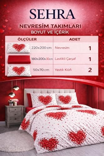 Alternative view of Lüks%80 Pamuklu Çift Kişilik Nevresim Takımı Seti Yorgan Kılıfı Kırmızı KALP Desen 220x200 cm + Lastikli Battal Boy Çarşaf 180x200x30 cm +2 Yastık Kılıflı 50x70 cm