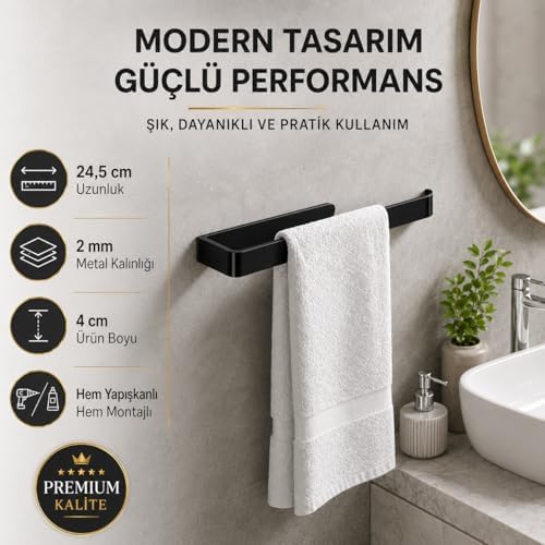Alternative view of Lamalı Siyah Yapışkanlı Lüks Tasarım Solo Peçetelik, Metal Havluluk, Hem Yapışkanlı Hem Vidalı Montajlı, Banyo ve Mutfak İçin Modern Duvar Havlu Askısı