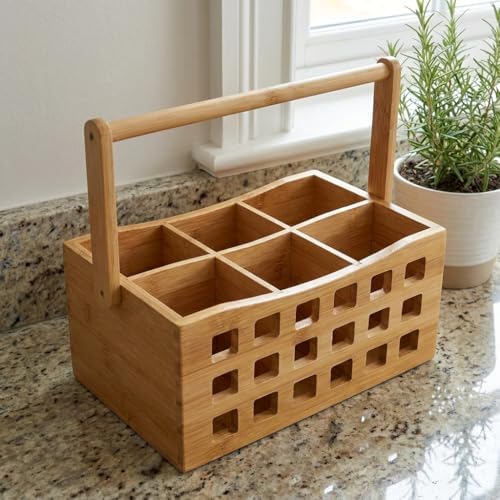 4 Bölmeli Saplı Doğal Bambu Çatal Bıçak Sepeti - Çok Amaçlı Masaüstü Organizer Mutfak Düzenleyici ve Kalemlik Standı (23x15 cm)
