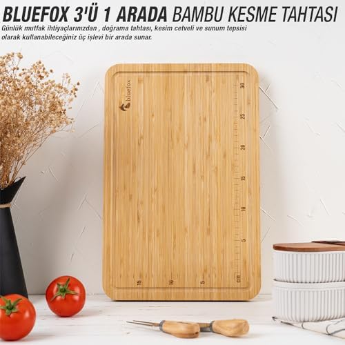 3'ü 1 Arada Bambu Kesme Tahtası: Doğrama Tahtası, Kesim Cetveli ve Tepsi Fonksiyonlarıyla Mutfakta Pratik Çözüm,Su Oluklu, Bıçak Dostu, Neme Dayanıklı Yüzey, 38x25 cm
