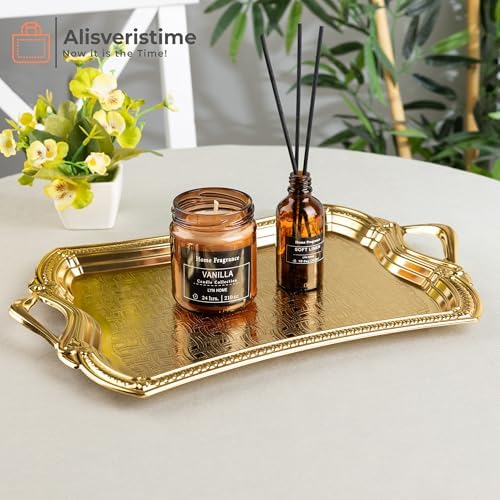 Osmanlı Motifli Dikdörtgen Metal Servis Tepsisi – Kulplu 2 Kişilik Sunum Tepsisi, 37 x 23 cm, 373 g, Gold ve Gümüş Renk Seçeneği (Altın Sarısı) - Görsel 3