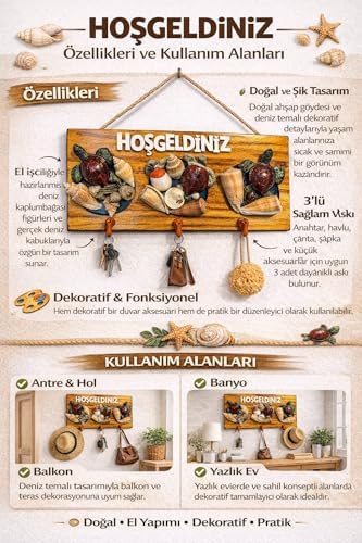 Alternative view of Deniz Kabuklu ve Kaplumbağa Figürlü Ahşap Duvar Anahtarlığı, Hoşgeldiniz Yazılı Dekoratif Askılık, Giriş Holü Kapı Süsü Ev Dekoru.