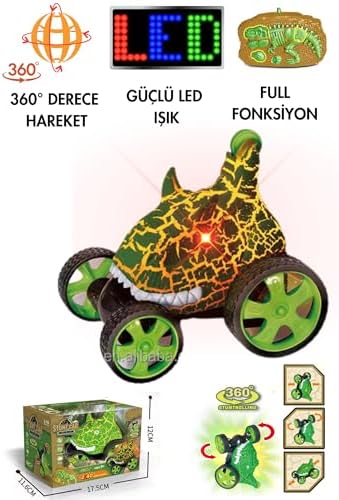 Uzaktan Kumandalı Dinozor Araba 360° Hareketli, Pilli,ışıklı, Drift Atan Full Fonksiyon, Ön Tekerlekleri Akrobat Dönebilen Araba (Yeşil)