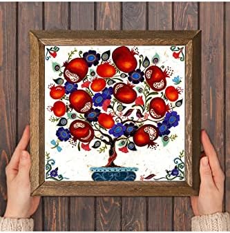 Nar Ağacı Taş Duvar Tablosu Ahşap Çerçeveli Duvar Dekoru Wall Art 25x25cm W1-03