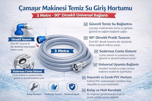 Çamaşır Makinesi Temiz Su Giriş Hortumu 1.5 m 90° Dirsekli Universal Bağlantı, Dayanıklı PVC Gri Makine Su Besleme Hortumu, Sızdırmaz Contalı Kolay Montajlı Temiz Su Hortumu