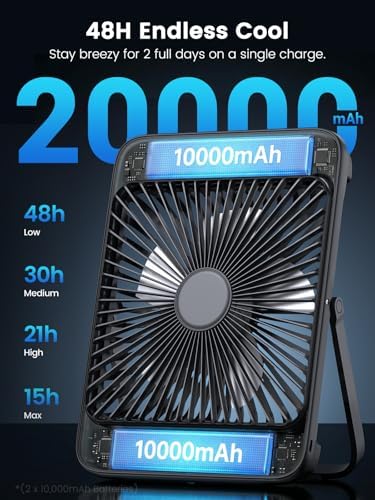 Alternative view of Warmco 20000mAh 8 inç Taşınabilir Kamp Fanı, 48 Saat Maksimum Çalışma Süresi, LED Işık, Sessiz İnce Pille Çalışan Kişisel Masa Fanı Ofis, Seyahat, Yatak Odası, Dış Mekan için Dijital Ekranlı