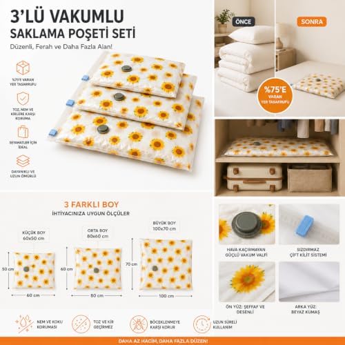 3'lü Vakumlu Hurç Saklama Seti Şeffaf Ön Yüzlü Yorgan Battaniye Kıyafet Düzenleme ve Depolama Poşeti