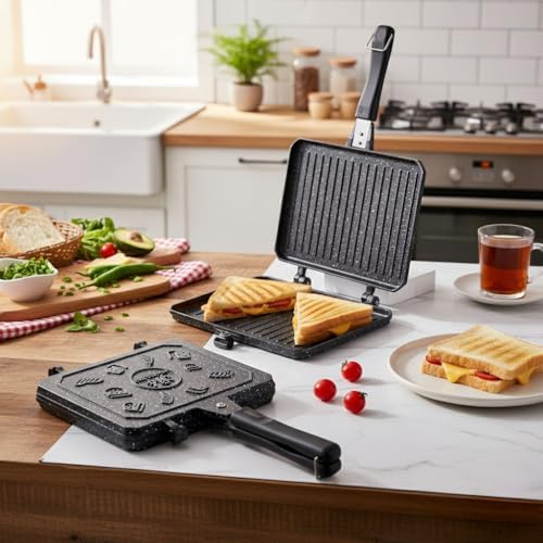 Alternative view of Çift Taraflı Ocak Üstü Döküm Tost Makinesi, Granit Efektli Yanmaz Yapışmaz Sandviç ve Tost Tavası - Hamburger, Omlet ve Aperatifler İçin İdeal | Ergonomik Saplı Kolay Temizlenebilir Grill Tava