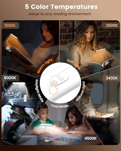 Glocusent Okuma lambası, kitap kıskacı, 26 LED, 5 renk sıcaklığı ve kademesiz parlaklık, 1200 mAh pil, 90 adet USB-C şarj edilebilir okuma ışığı, yatakta gece okumak için 360° esnek (açık beyaz)