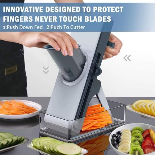 Profesyonel Basmalı Rende Doğrayıcı – 3 Bıçaklı Paslanmaz Çelik Kesme, Mandolin Doğrama ve Rendeleme Aleti – Sebze, Meyve, Peynir, Salata ve Pratik Mutfak Kullanımı İçin Ergonomik Tasarım