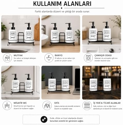 Modern beyaz cam sıvı sabunluk seti 2 li metal standlı el sabunu ve bulaşık deterjanı için ideal çift dispenser şık görünüm kolay kullanım ve dekoratif tasarım - Görsel 3