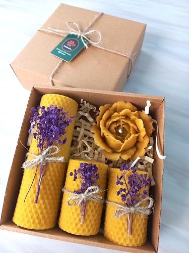 Balmumu Mum Dekoratif Hediye Kutusu 4 Lü Set Doğal Petek Beeswax Candle Açmış Gül (Mor Süslenmiş açmış gül) - Görsel 2