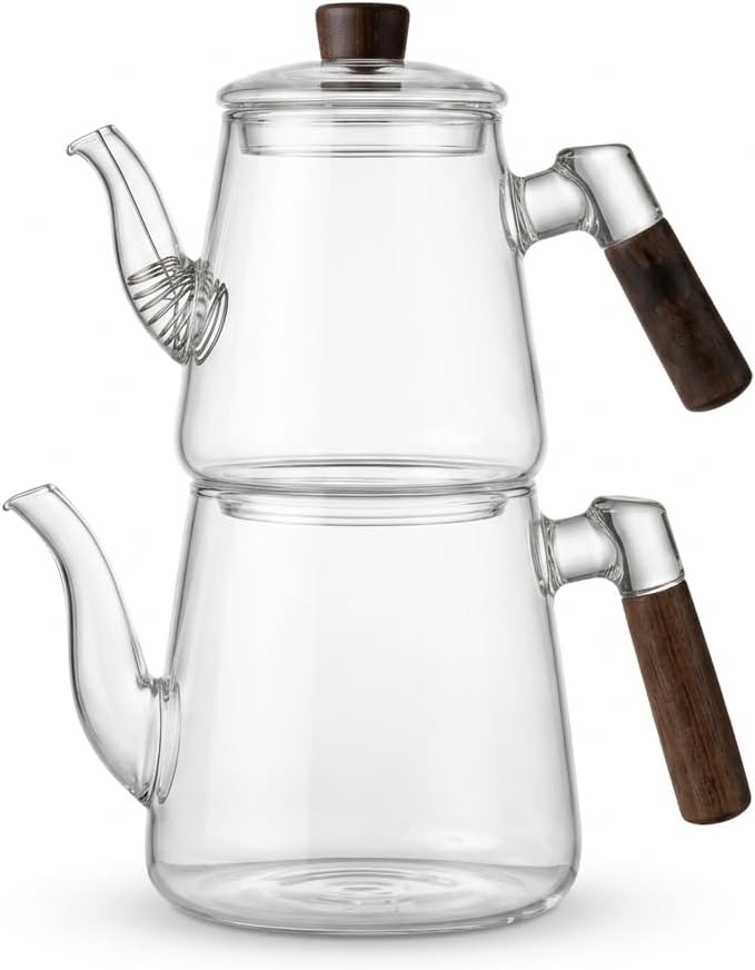 1000 ml + 750 ml Akasya Ahşap Kulplu Cam Çaydanlık Takımı - Isıya Dayanıklı Borosilikat Pürüzsüz Şeffaf Tasarım, Yaylı Süzgeçli Lüks Çaydanlık - Görsel 3