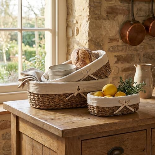 Alternative view of 3'lü Hasır Oval Bezli Düzenleyici Sepet Seti - Çıkarılabilir Kumaş Astarlı Ekmek ve Sunum Sepeti - Banyo, Mutfak ve Bebek Odası İçin Çok Amaçlı Organizer (42x25 cm Büyük Boy)