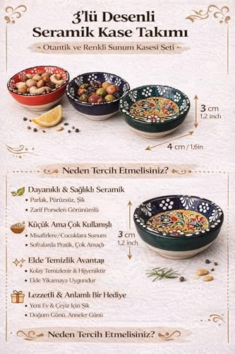 Alternative view of Kabartma Desenli El Boyaması Seramik Kase Seti, 3’lü Renkli Çini Motifli Dekoratif Sunum Kaseleri, Kahvaltı, Meze, Çerez ve Servis İçin Çok Amaçlı El Yapımı Kase Takımı